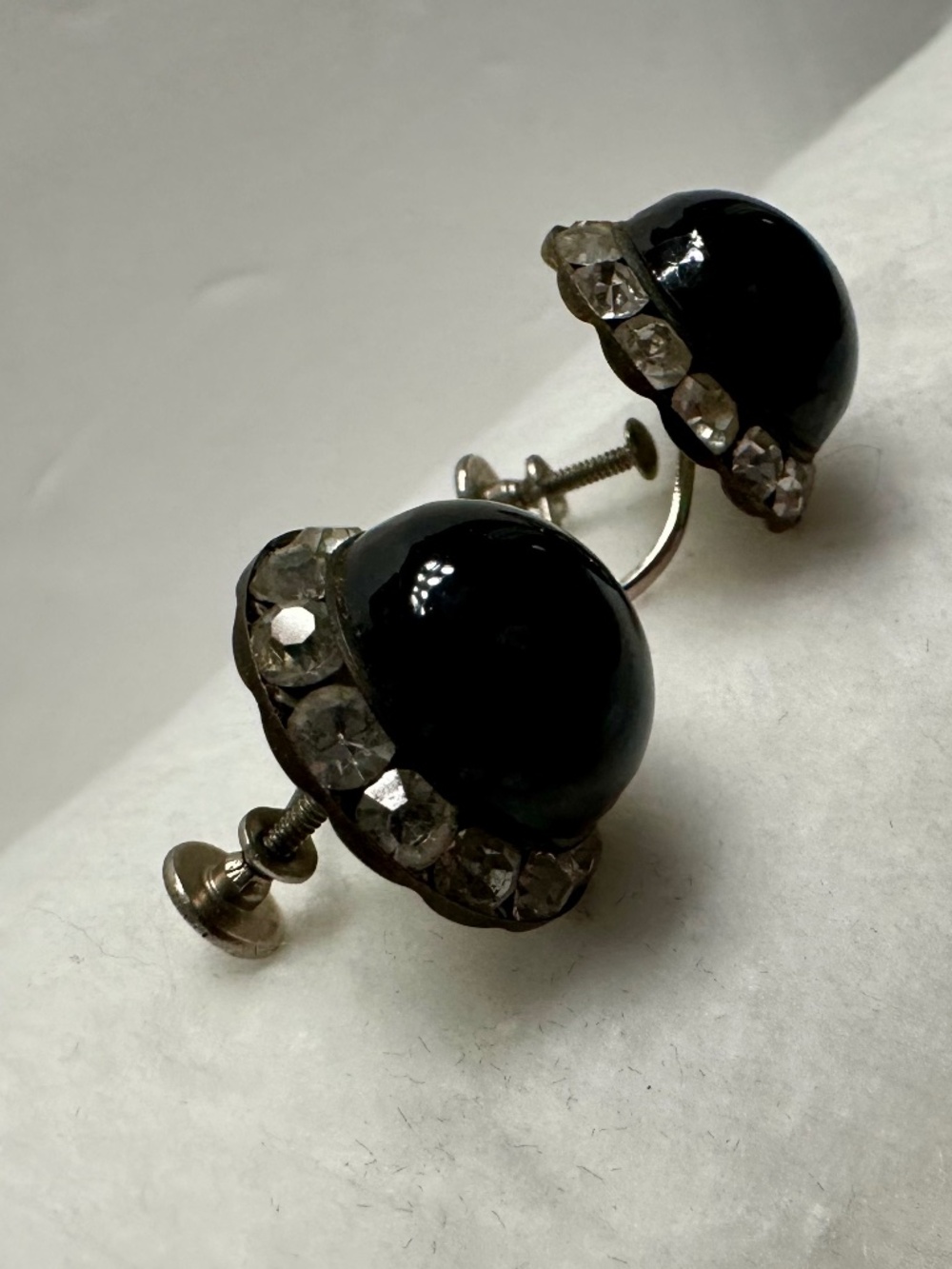Vintage Black Button Screw on Clip Earrings with rhinestones